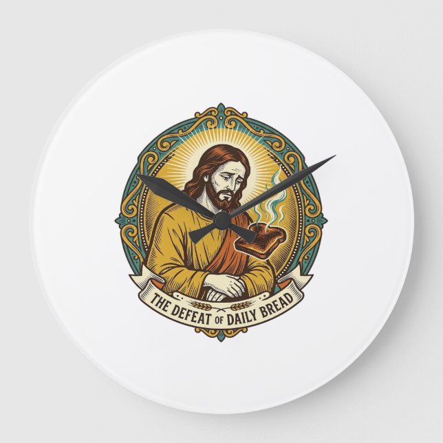 Defeated Jesus Smoking Burnt Toast Breakfast Kitch Large Clock (Front)