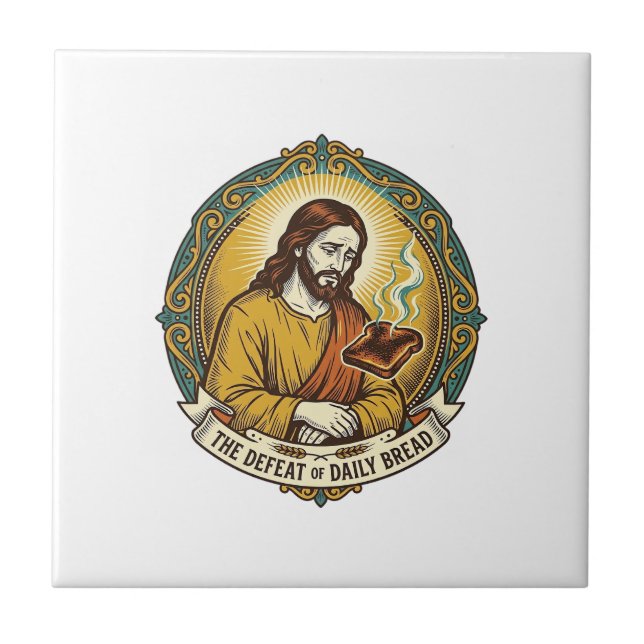 Defeated Jesus Smoking Burnt Toast Breakfast Kitch Tile (Front)