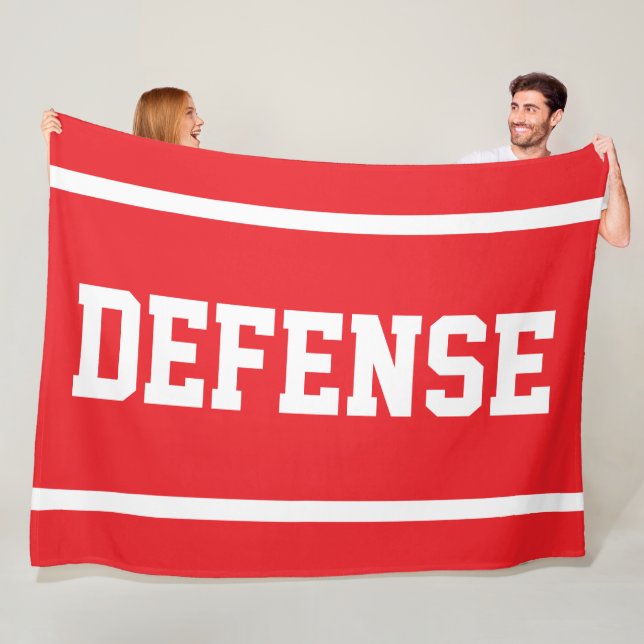 DEFENSE Athletic White Text Stripes On Bright Red Fleece Blanket (In Situ)