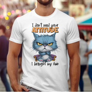 Defiant Blue Feline With Rebellious Words T-Shirt