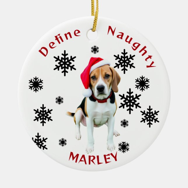 Define Naughty Beagle Dog Santa Hat Ornament (Front)