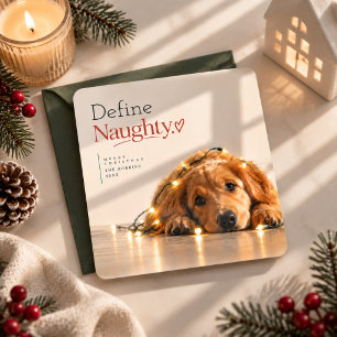 Define Naughty Cosy Dog Photo Christmas Card