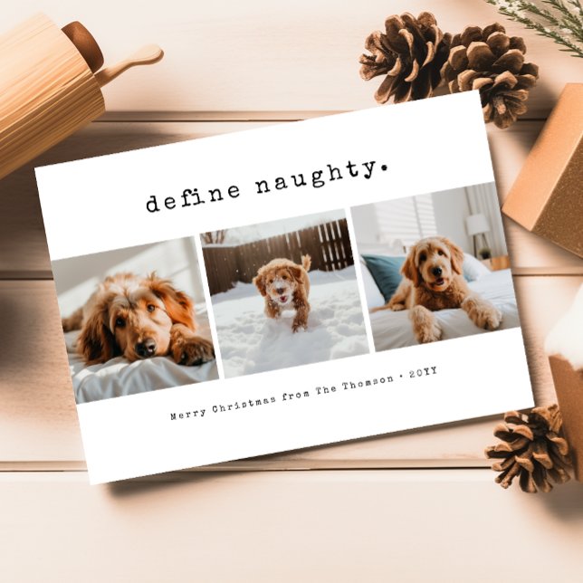 Define Naughty Funny Pet Dog Photo Christmas Holiday Card (Creator Uploaded)