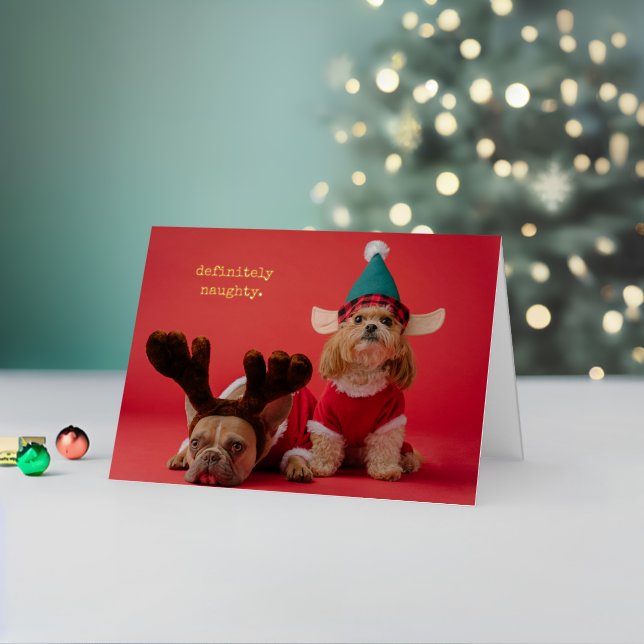 Definitely Naughty Pet Photo Cute Christmas Foil Holiday Card (Holiday In Situ 2)