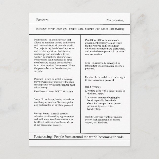 Definition of Postcrossing Postcard, Dictionary Postcard (Front)