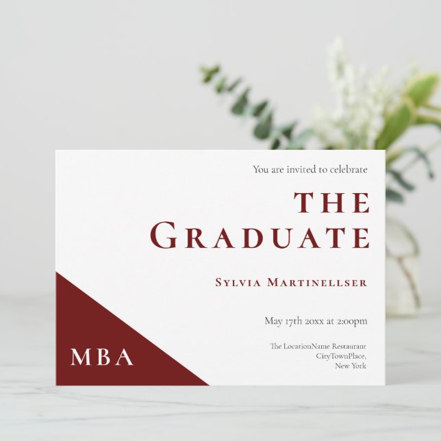 Degree Burgundy White MBA Graduation Party Invitation (Standing Front)