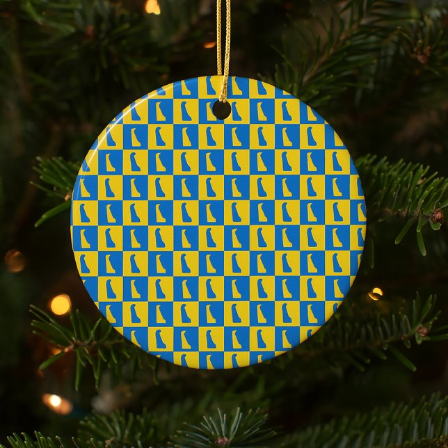 Delaware Checker Blue Gold Yellow Pattern Ceramic Tree Decoration (An ornament with a pattern of Delaware done in blue and gold yellow.)