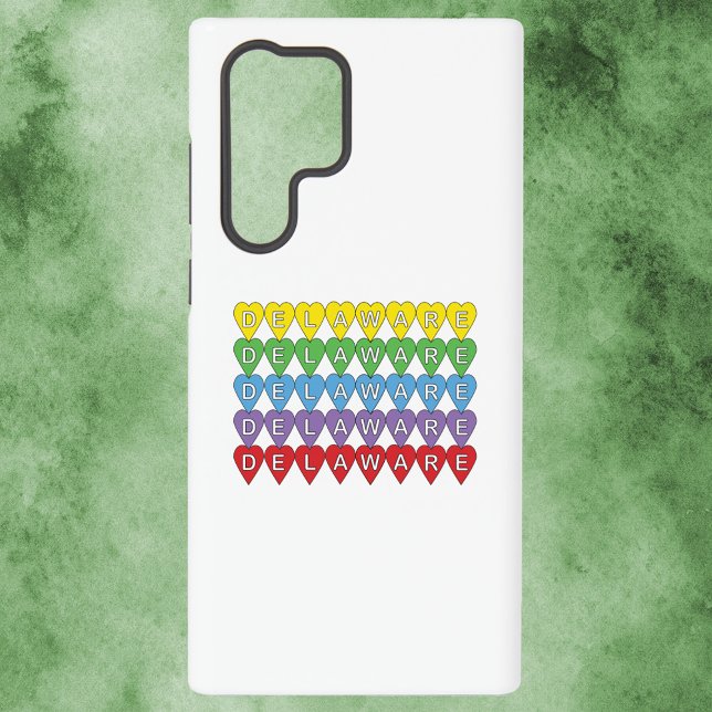 Delaware Colourful Hearts Samsung Galaxy S22 Ultra Case (A phone case with yellow, green, blue, purple and red hearts that says Delaware.)