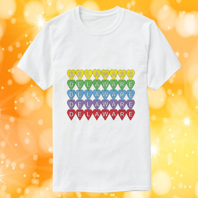 Delaware Hearts Colourful Rainbow T-Shirt (A shirt with yellow, green, blue, purple and red hearts that say Delaware)