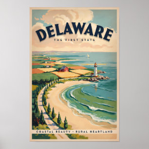 Delaware Lighthouse Illustration Travel Art Retro Poster