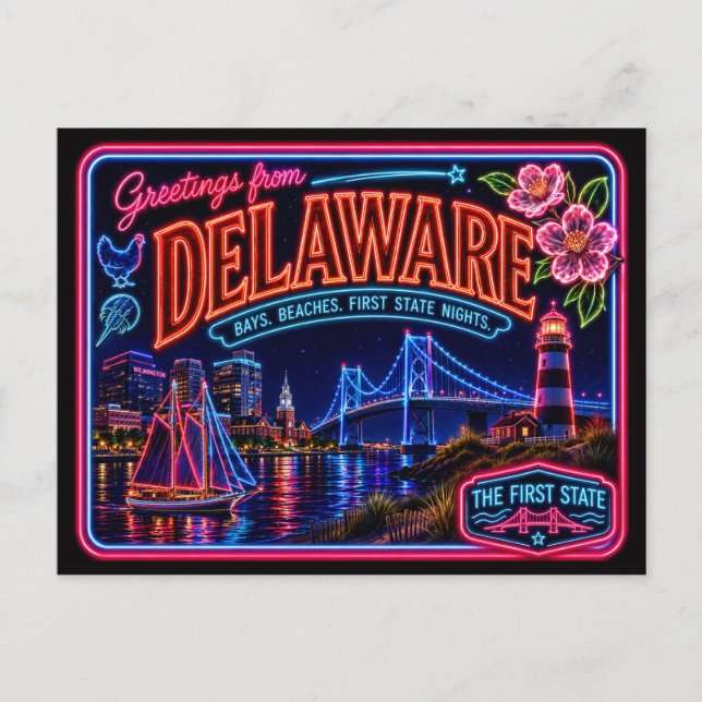 Delaware Neon State Retro Vintage Postcard (Front)