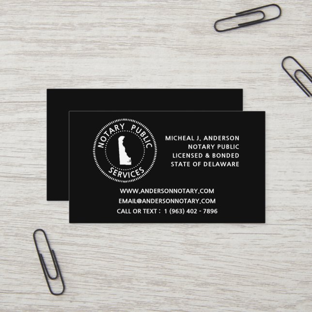 Delaware Notary Public Services Business Card (Front/Back In Situ)