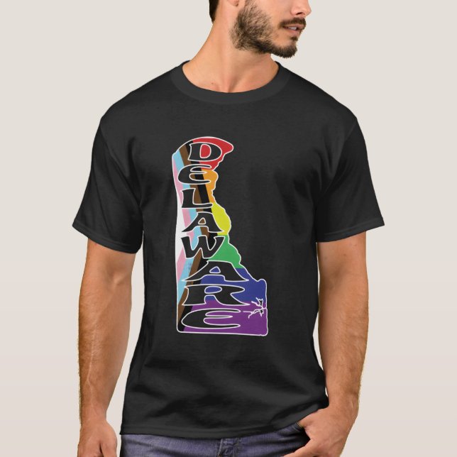 Delaware Outline In Lgbtqia Pride Flag Rainbow Col T-Shirt (Front)