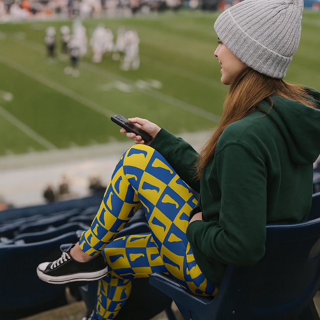 Delaware Pop Art Blue Gold Pattern Leggings (A pair of leggings with a blue and yellow gold design featuring the US state of Delaware.)