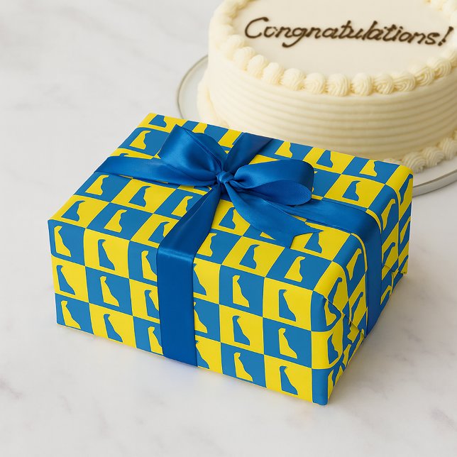 Delaware Pop Art Blue Yellow Gold Pattern Wrapping Paper (Wrapping paper with a blue and yellow gold pattern of the US state of Delaware.)