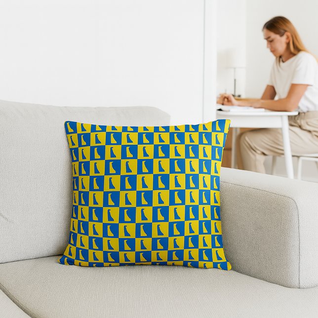 Delaware Pop Art Grid Pattern Blue Yellow Gold Cushion (A throw pillow with a blue and gold pattern of Delaware)