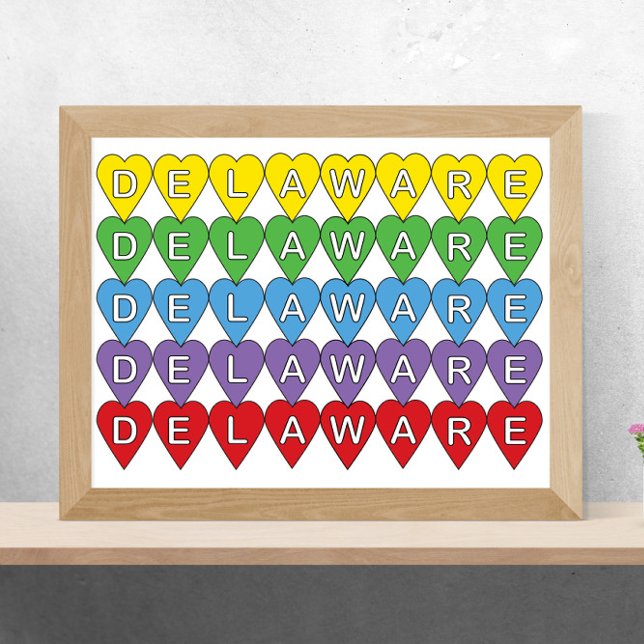 Delaware US State Colourful Hearts Poster (A poster of yellow, green, blue, purple and red hearts that say Delaware)