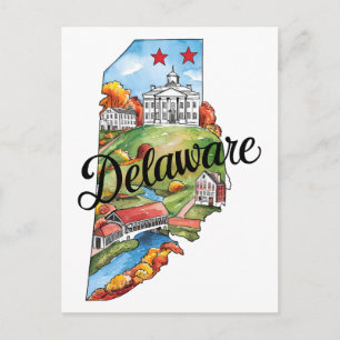 Delaware USA State Shaped Vintage Watercolor Postcard
