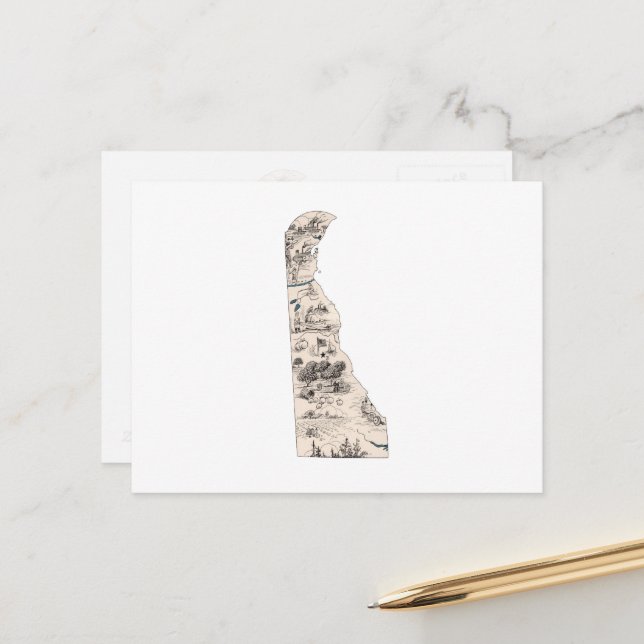 Delaware Vintage Picture Map Antique State Chart Postcard (Front/Back In Situ)