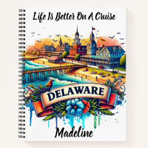 Delaware's vibrant beachfront village at sunset notebook
