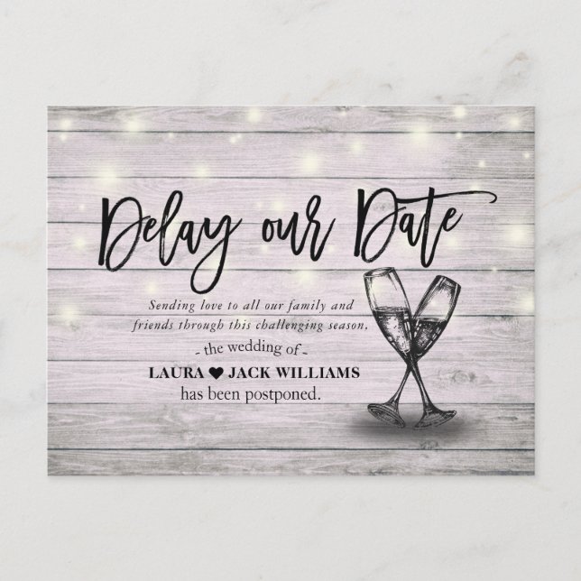 Delay our Date Wedding Postponement Change of Plan Announcement Postcard (Front)