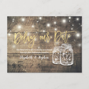 Delay our Date Wedding Postponement Mason Jar Wood Announcement Postcard
