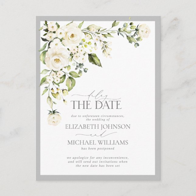 Delay the Date White Floral Greenery Wedding Announcement Postcard (Front)