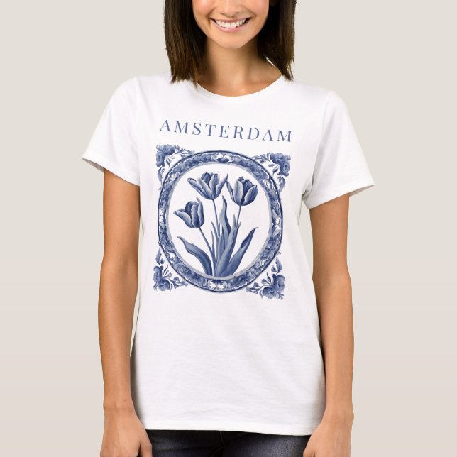 Delft Blue Amsterdam Tulips  T-Shirt (Front)