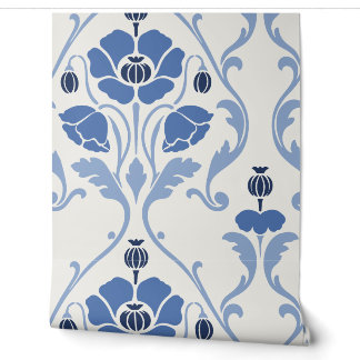 Delft Blue and White Victorian Poppy Floral Wallpaper