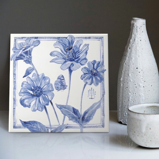 Delft Blue Butterfly Flower Wall Decor Art Deco Tile (Creator Uploaded)