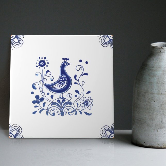 Delft Blue Dutch Style Bird Flowers Indigo Ceramic Tile (Creator Uploaded)