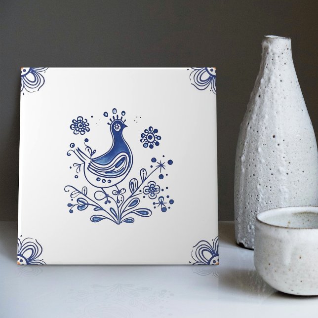 Delft Blue Dutch Style Bird Flowers Indigo Ceramic Tile (Creator Uploaded)