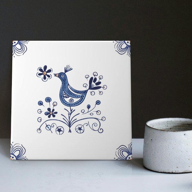 Delft Blue Dutch Style Bird Flowers Indigo Ceramic Tile (Creator Uploaded)