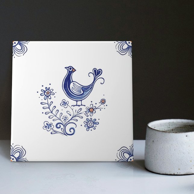 Delft Blue Dutch Style Bird Flowers Indigo Ceramic Tile (Creator Uploaded)