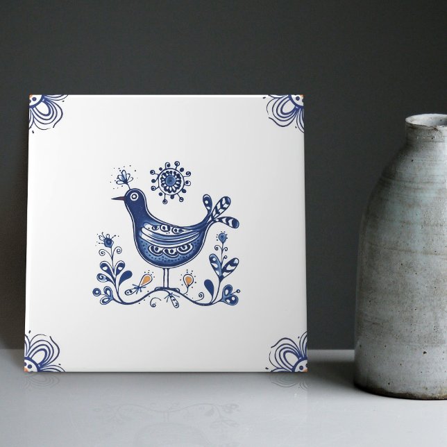 Delft Blue Dutch Style Bird Flowers Indigo Ceramic Tile (Creator Uploaded)