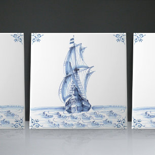 Delft Blue Dutch Style Frigate Schooner Sail Boat Tile