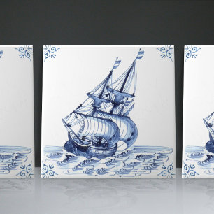 Delft Blue Dutch Style Frigate Schooner Sail Boat Tile