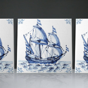 Delft Blue Dutch Style Frigate Schooner Sail Boat Tile