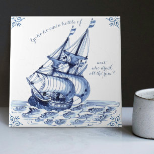 Delft Blue Dutch Style Frigate Schooner Sail Boat Tile