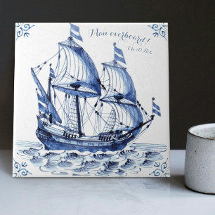 Delft Blue Dutch Style Frigate Schooner Sail Boat Tile