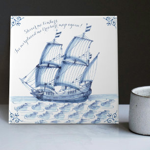 Delft Blue Dutch Style Frigate Schooner Sail Boat Tile