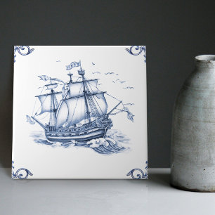 Delft Blue Dutch Style Frigate Schooner Sail Boat Tile
