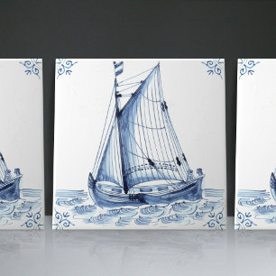 Delft Blue Dutch Style Frigate Schooner Sail Boat Tile