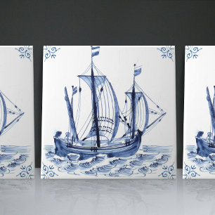 Delft Blue Dutch Style Frigate Schooner Sail Boat Tile