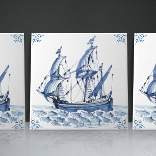 Delft Blue Dutch Style Frigate Schooner Sail Boat Tile