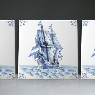 Delft Blue Dutch Style Frigate Schooner Sail Boat Tile