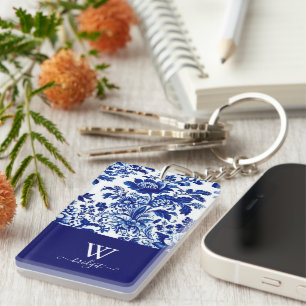 delft blue elegant Modern Floral Key Ring