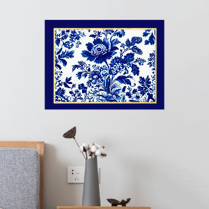delft blue elegant vintage Floral gold style Foil Prints