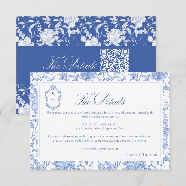 Delft Blue Floral Chinoiserie Monogram Wedding Enclosure Card (Front/Back)