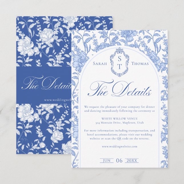 Delft Blue Floral Chinoiserie Monogram Wedding Enclosure Card (Front/Back)